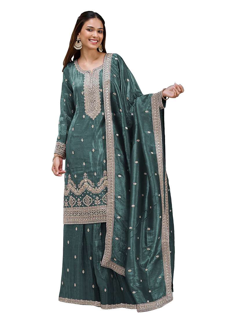 Rama Blue Embroidered Gold Crush Sharara Set - Indya