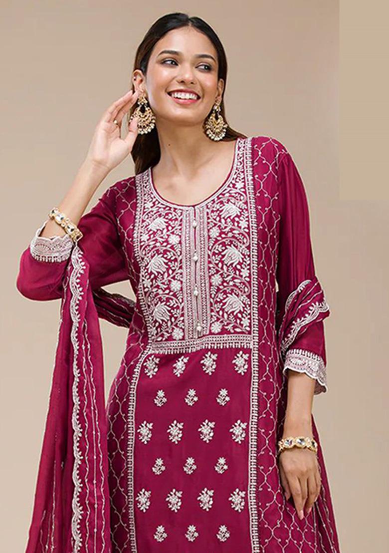 Pink Embroidery Georgette Salwar Suit - Indya