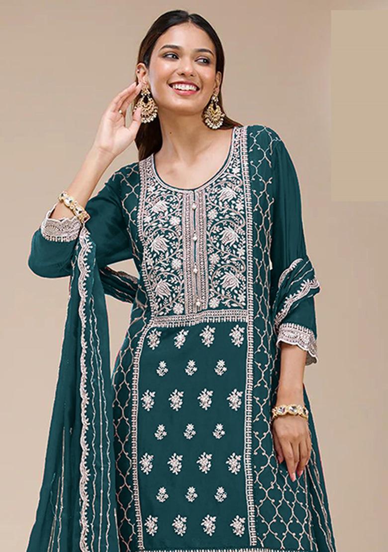 Rama Blue Embroidery Georgette Salwar Suit - Indya