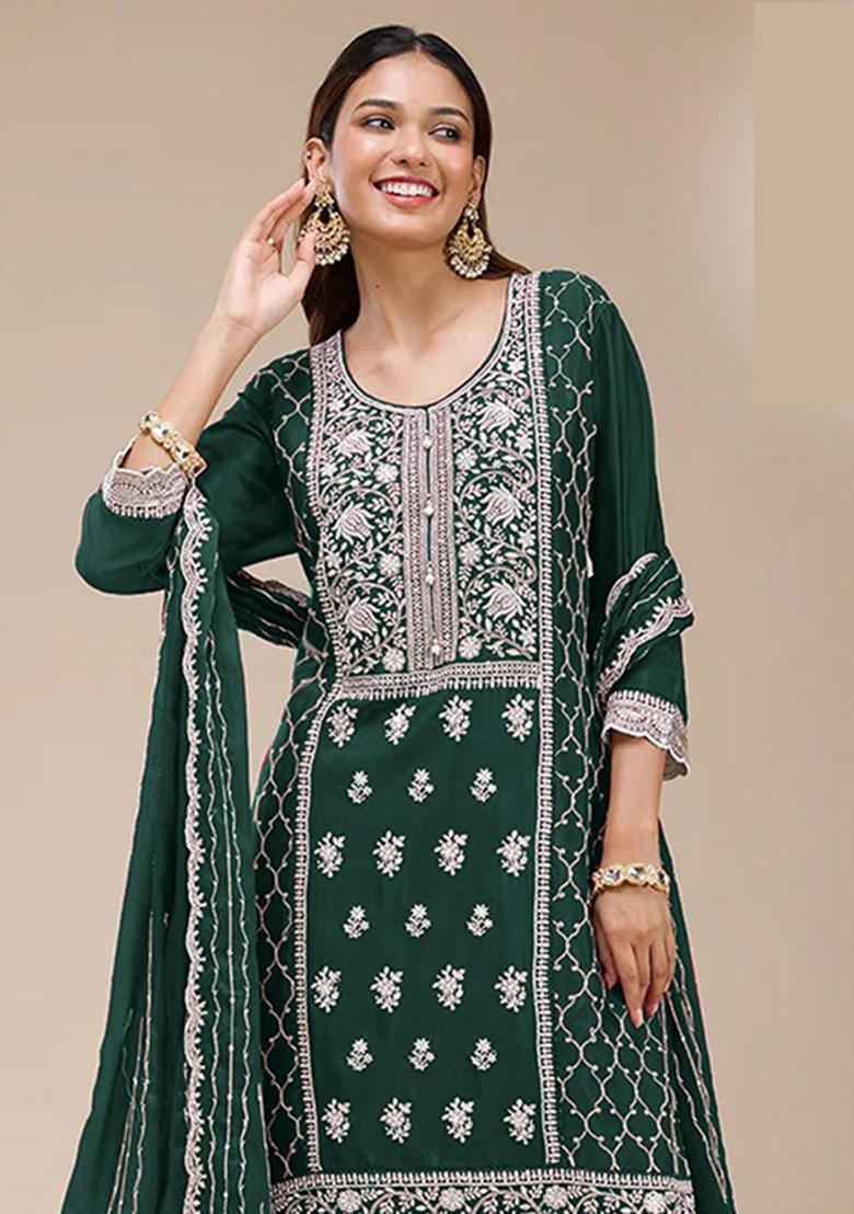 Green Embroidery Georgette Salwar Suit - Indya