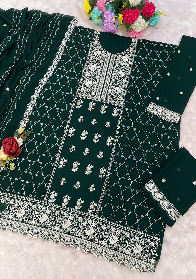 Green Embroidery Georgette Salwar Suit - Indya