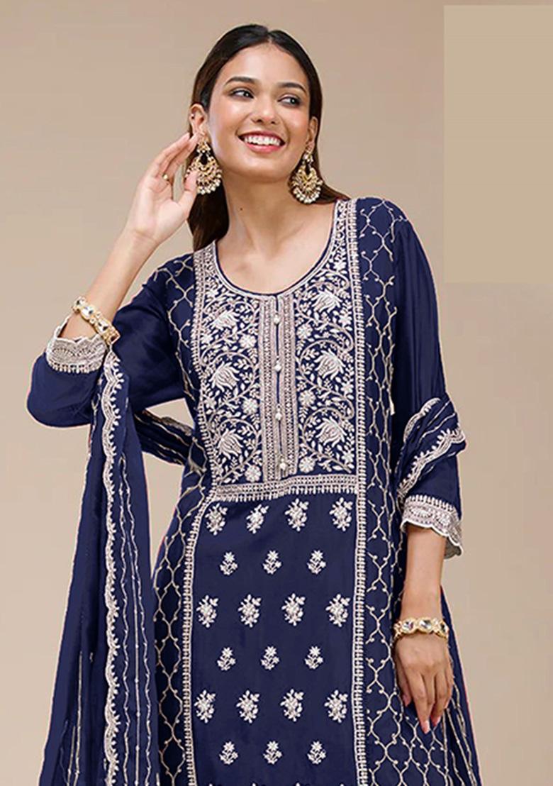 Blue Embroidery Georgette Salwar Suit - Indya