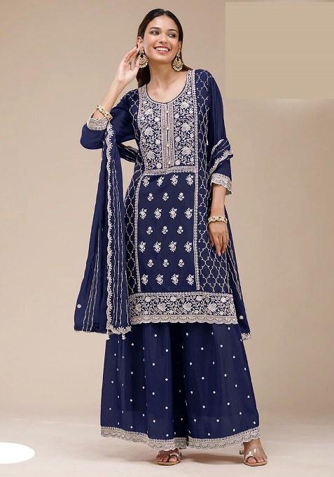 Blue Embroidery Georgette Salwar Suit