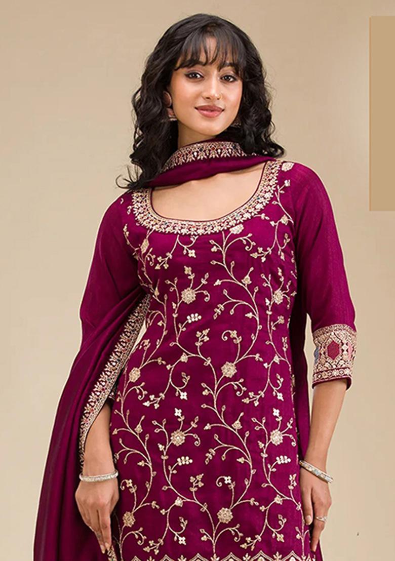 Maroon Embroidery Vichitra Salwar Suit - Indya