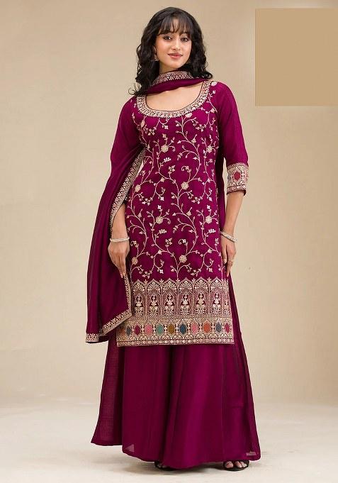 Maroon Embroidery Vichitra Salwar Suit
