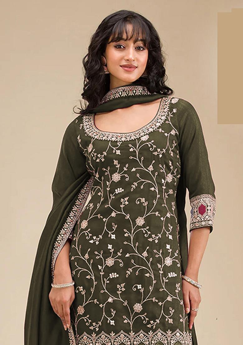 Mehendi Embroidery Vichitra Salwar Suit - Indya