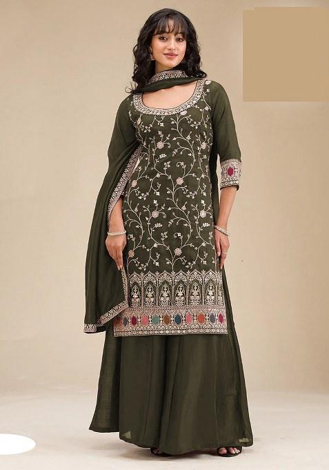 Mehendi Embroidery Vichitra Salwar Suit