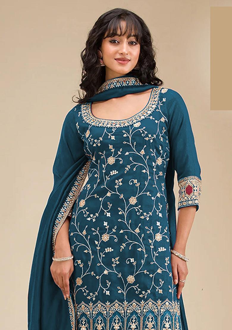 Rama Blue Embroidery Vichitra Salwar Suit - Indya