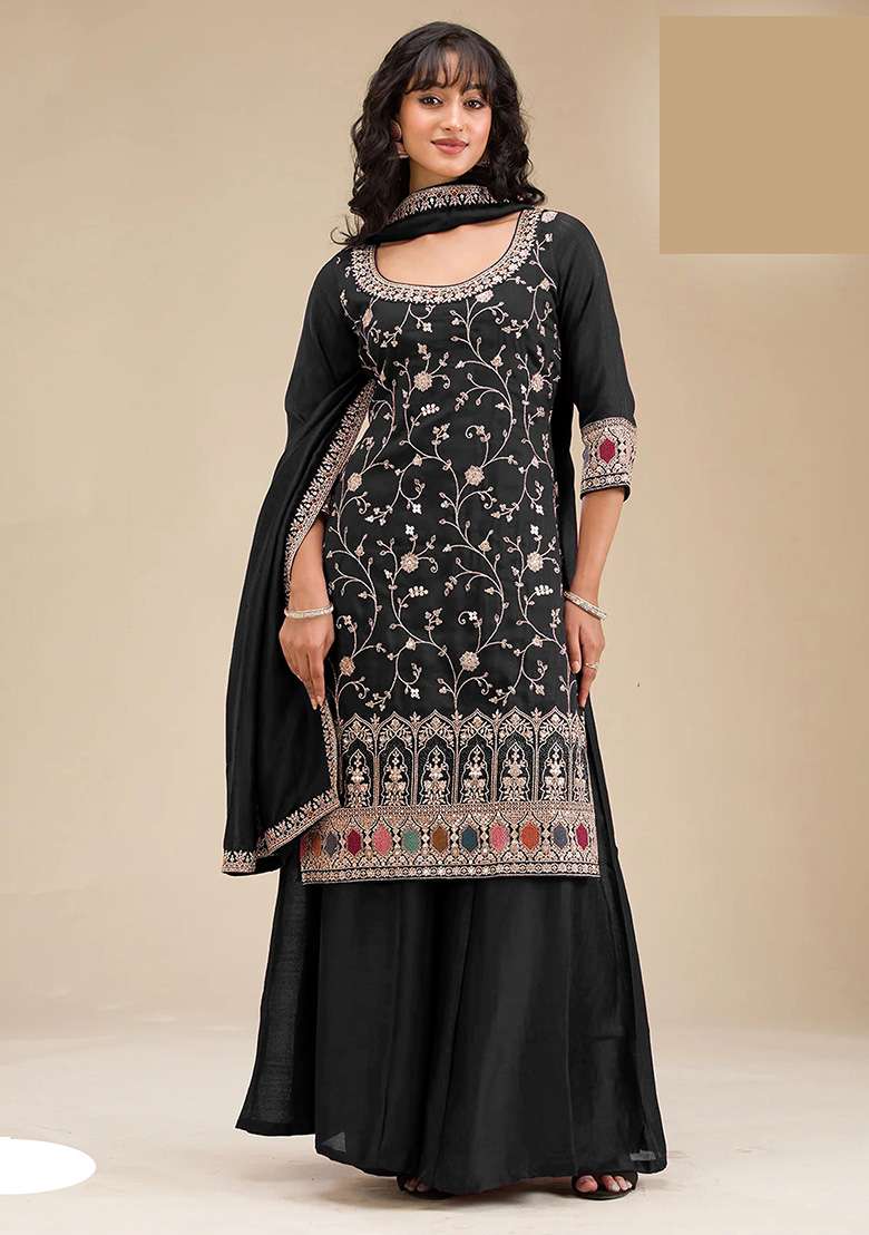 Black Embroidered Vichitra Sharara Set - Indya