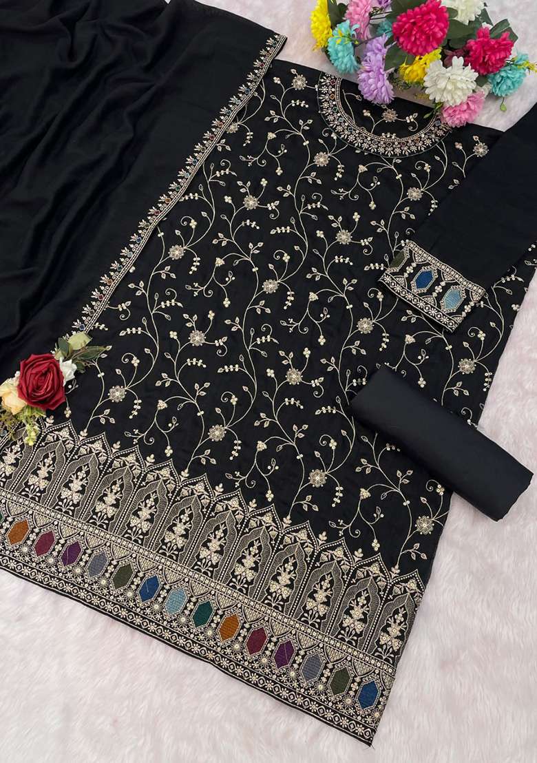 Black Embroidered Vichitra Sharara Set - Indya