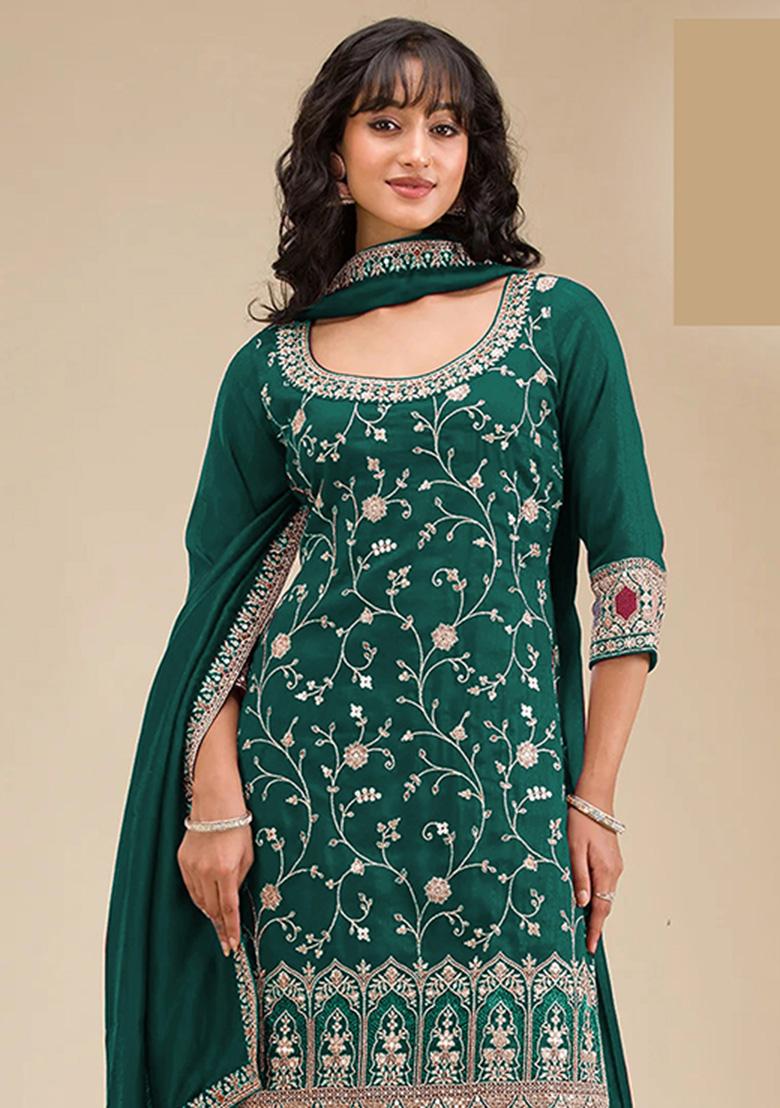 Green Embroidery Vichitra Salwar Suit - Indya