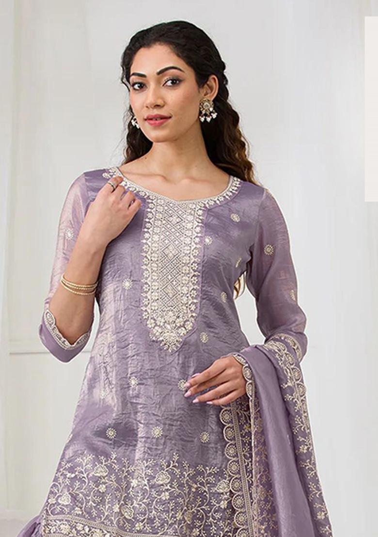 Lavender Embroidery Georgette Salwar Suit - Indya