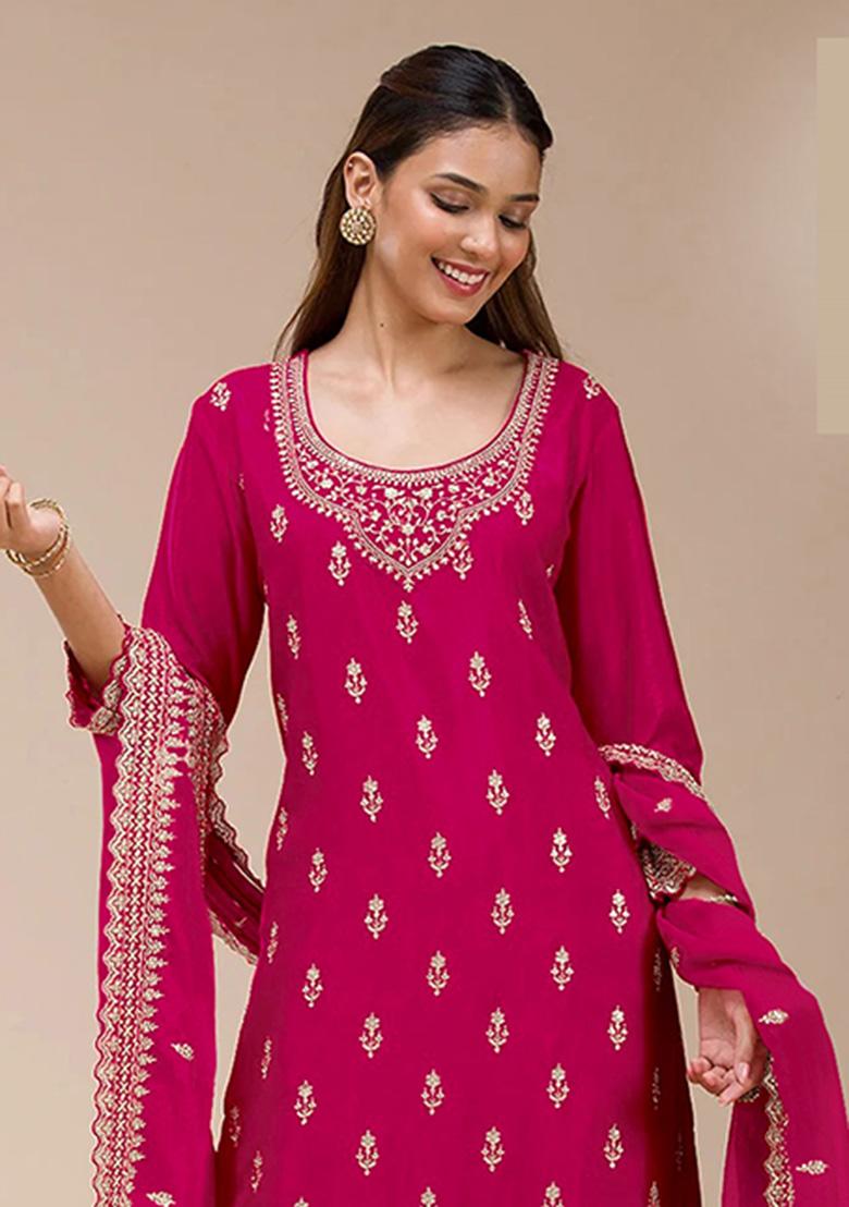 Pink Embroidery Georgette Salwar Suit - Indya