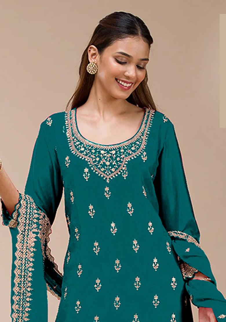 Rama Blue Embroidery Georgette Salwar Suit - Indya