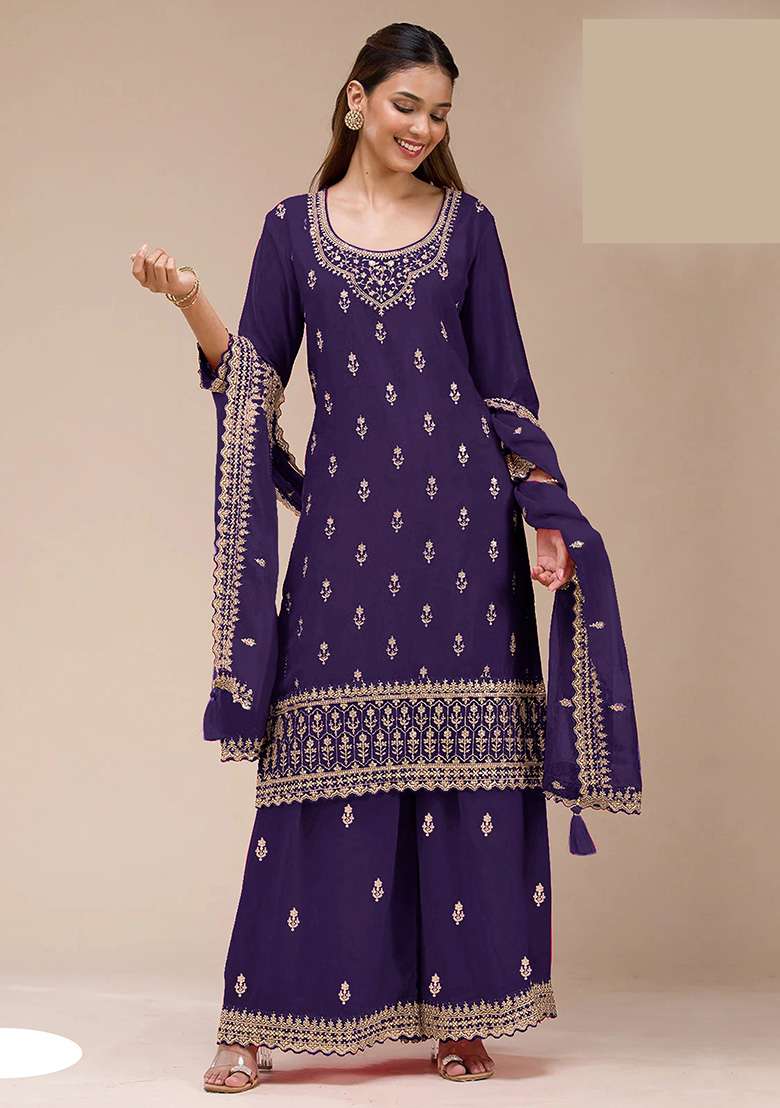 Violet Embroidered Georgette Sharara Set - Indya