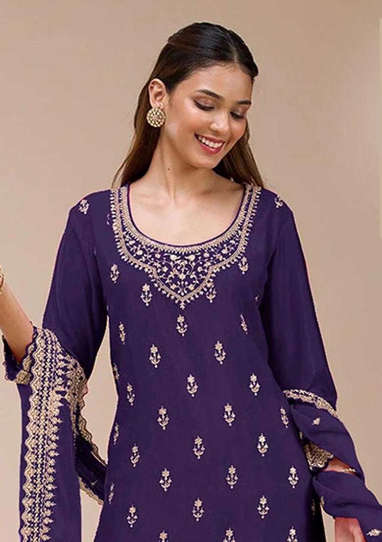 Violet Embroidery Georgette Salwar Suit - Indya