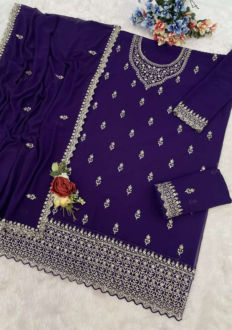 Violet Embroidered Georgette Sharara Set - Indya