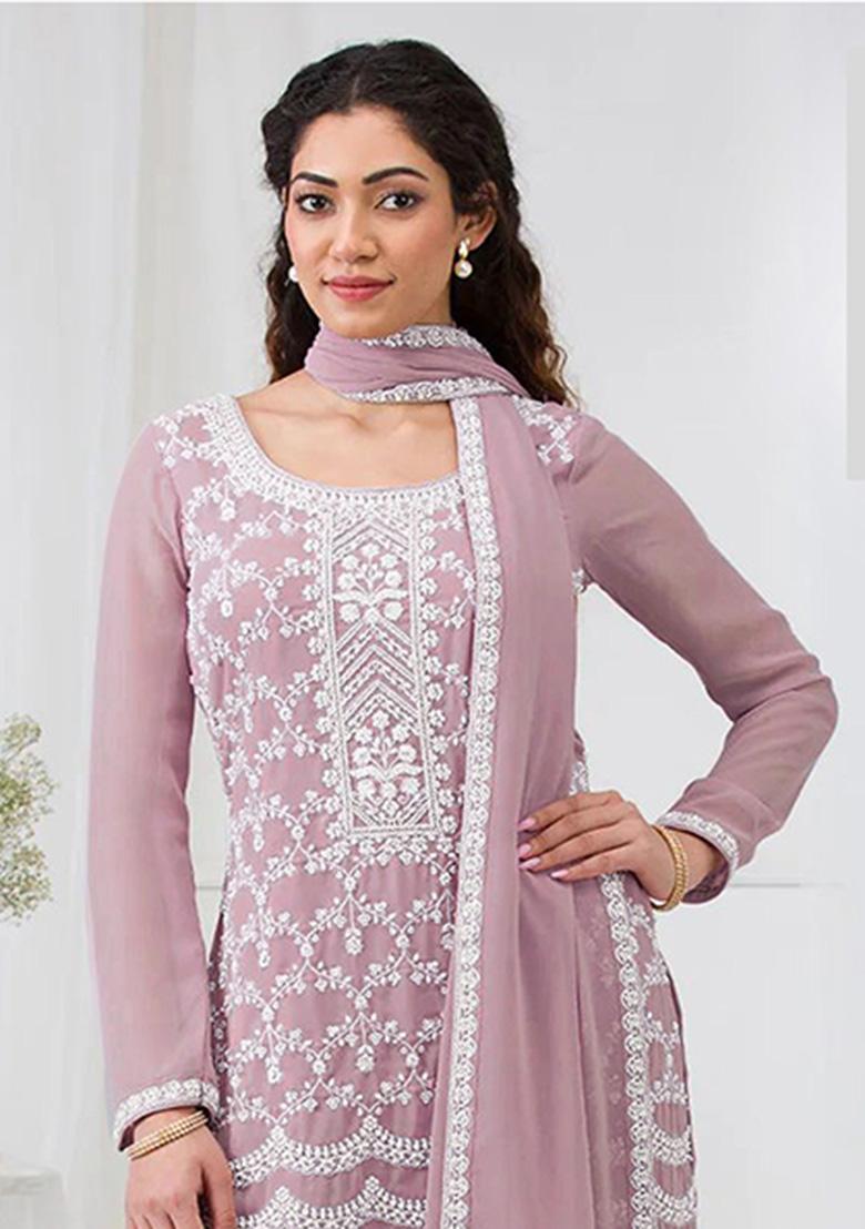 Onion Pink Embroidery Georgette Salwar Suit - Indya