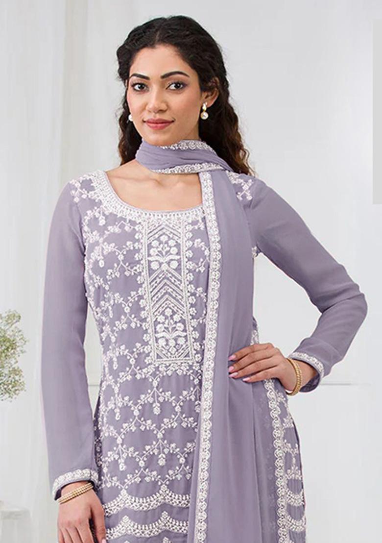 Lavender Embroidery Georgette Salwar Suit - Indya