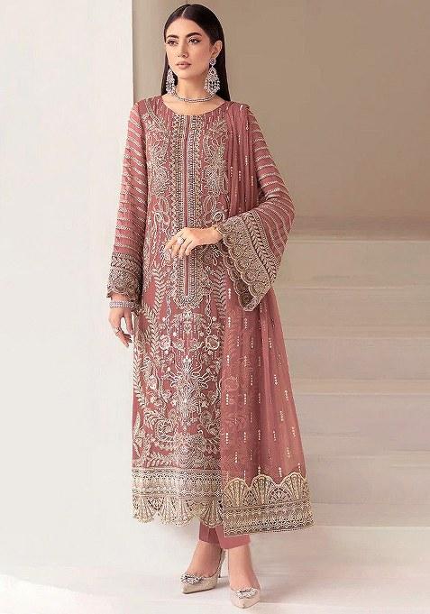 Dark Peach Khatli Work Georgette Salwar Suit