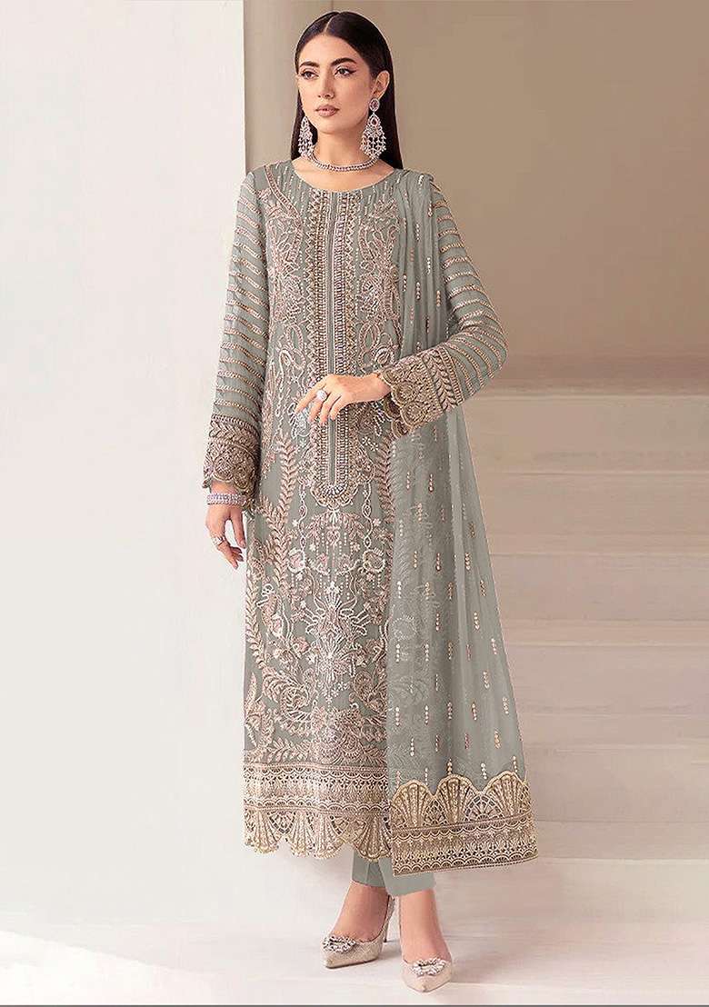 Grey Embroidered Georgette Pakistani Suit Set - Indya