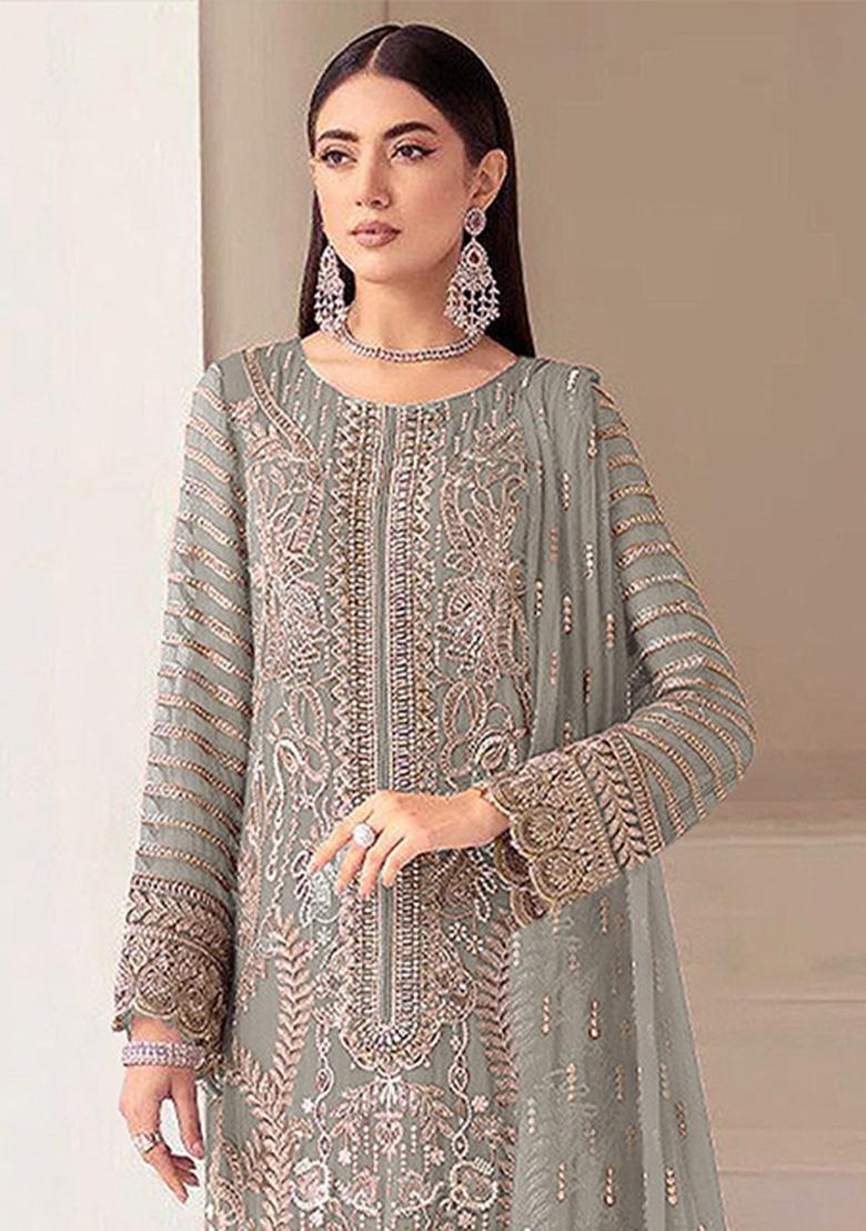 Grey Khatli Work Georgette Salwar Suit - Indya