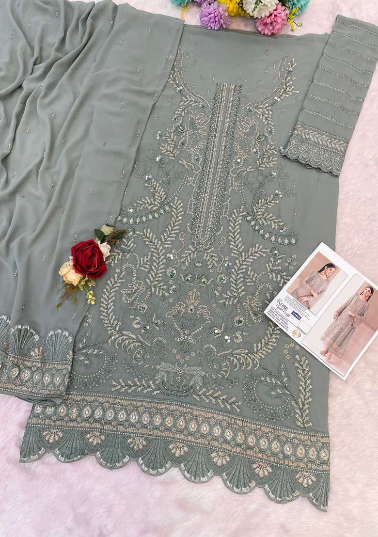 Grey Embroidered Georgette Pakistani Suit Set - Indya