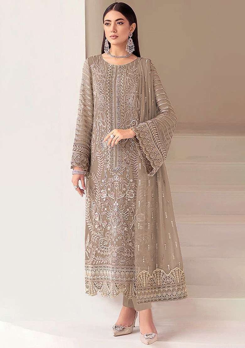Brown Embroidered Georgette Pakistani Suit Set - Indya