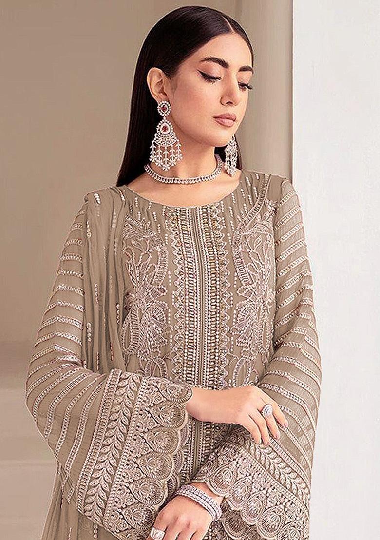 Brown Khatli Work Georgette Salwar Suit - Indya