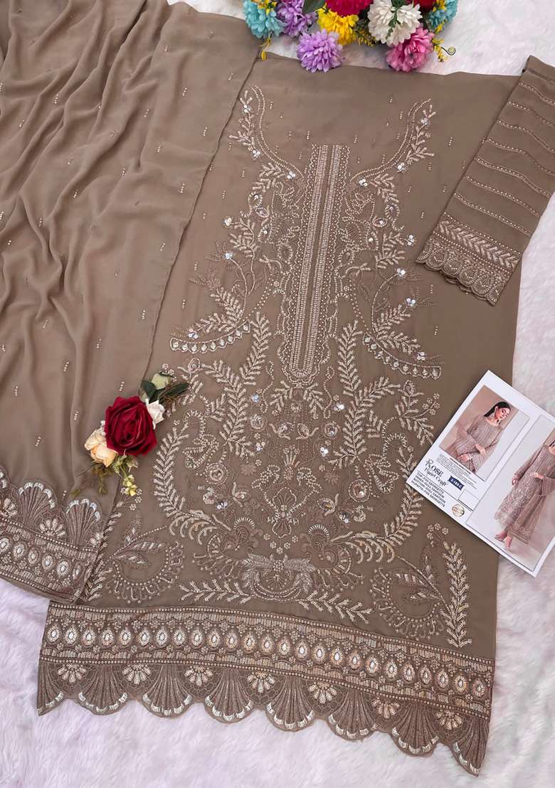 Brown Embroidered Georgette Pakistani Suit Set - Indya