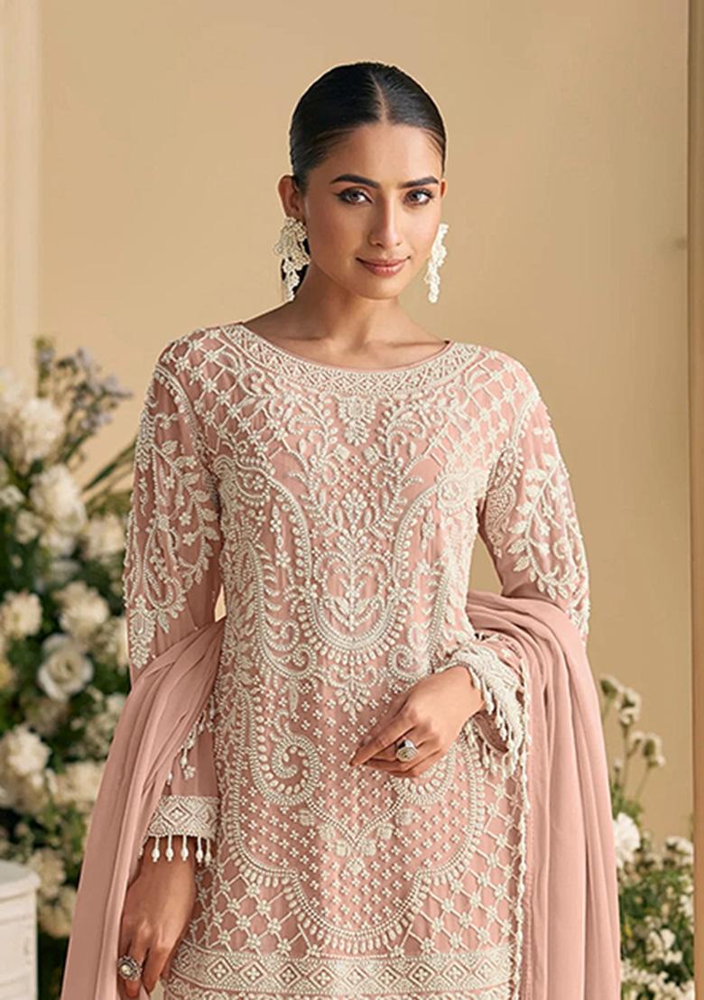 Peach Embroidery Georgette Salwar Suit - Indya
