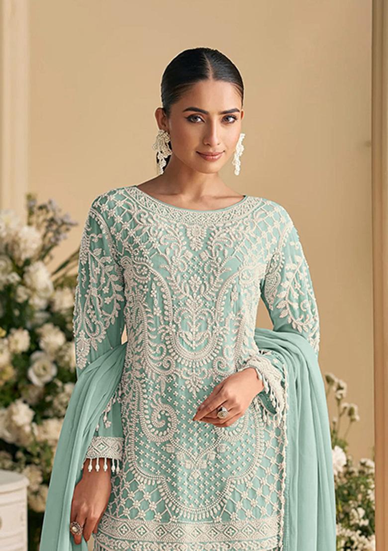 Sky Blue Embroidery Georgette Salwar Suit - Indya