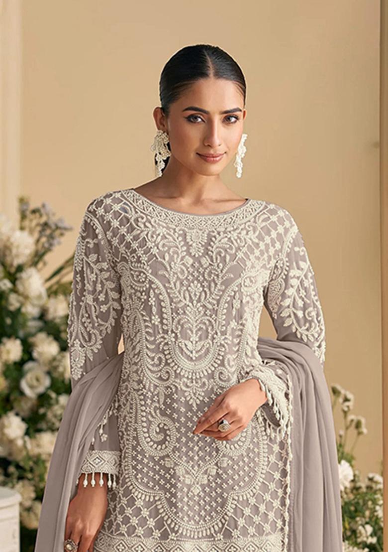 Coffee Embroidery Georgette Salwar Suit - Indya