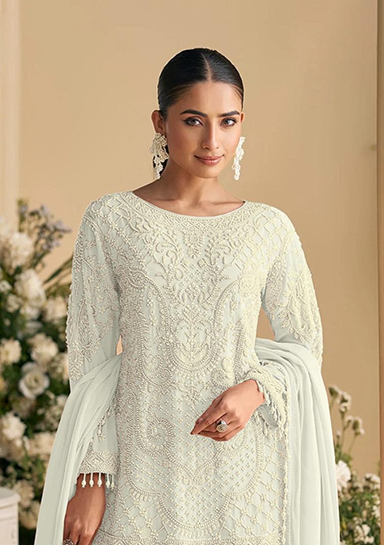 White Embroidery Georgette Salwar Suit - Indya
