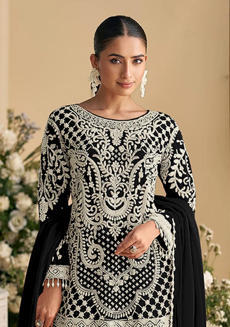 Black Embroidery Georgette Salwar Suit - Indya