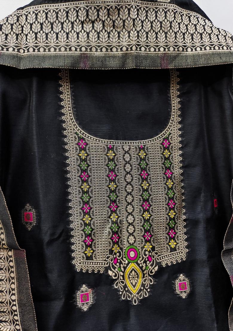 Black Motif Silk Kurta Set - Indya