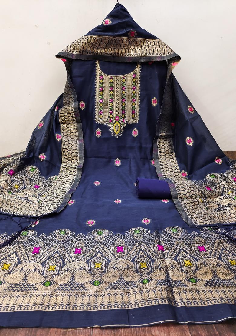 Navy Blue Motif Silk Kurta Set - Indya