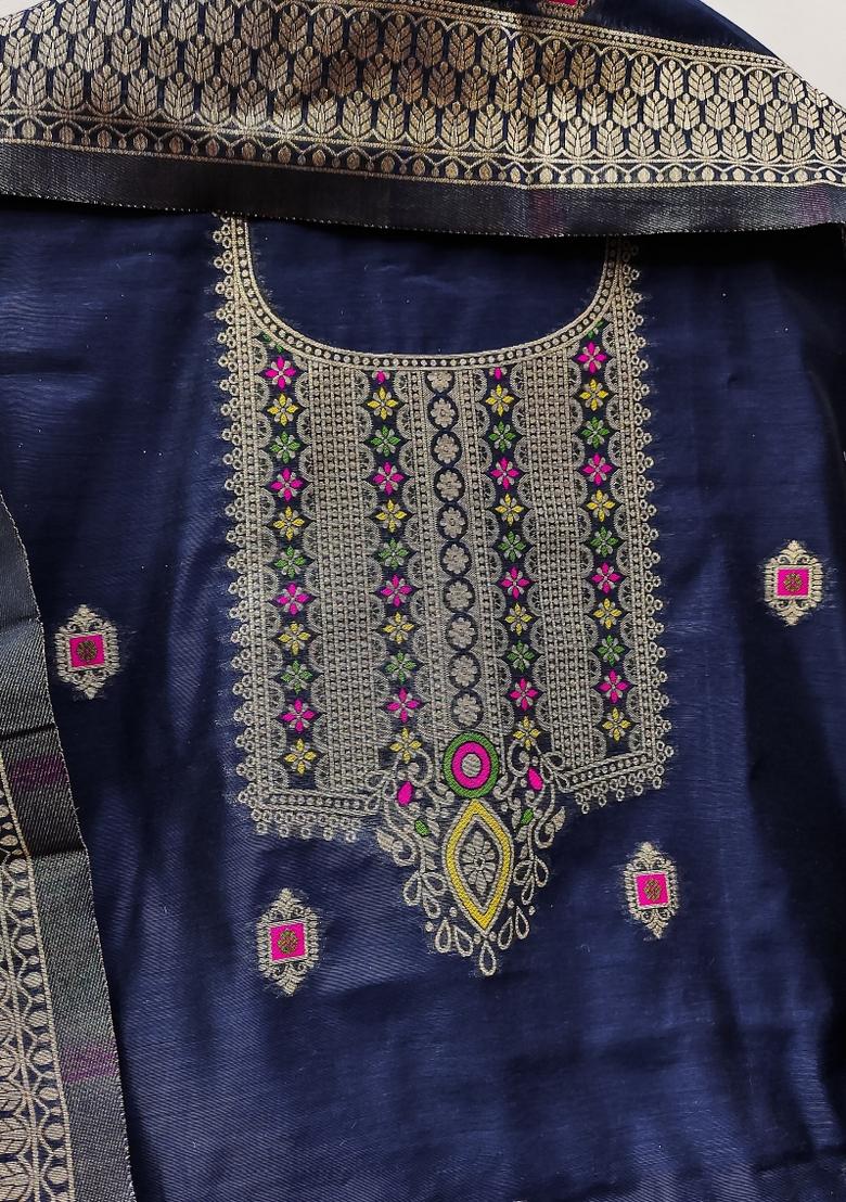 Navy Blue Motif Silk Kurta Set - Indya