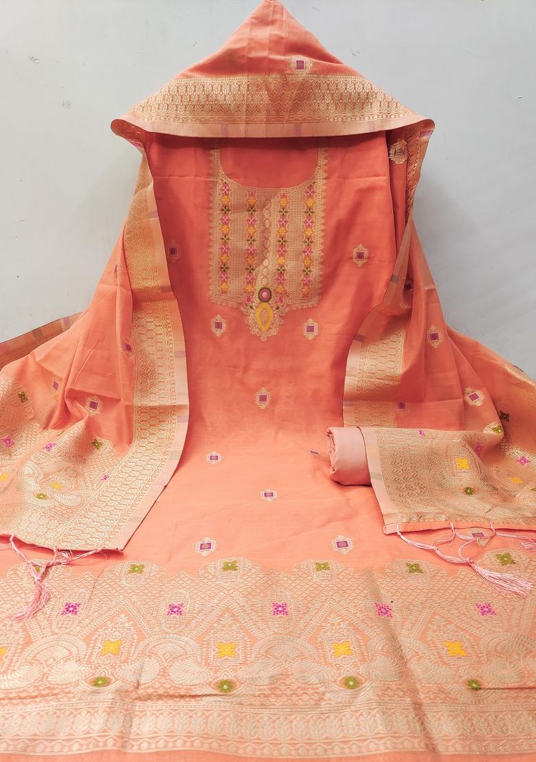 Peach Motif Silk Kurta Set - Indya