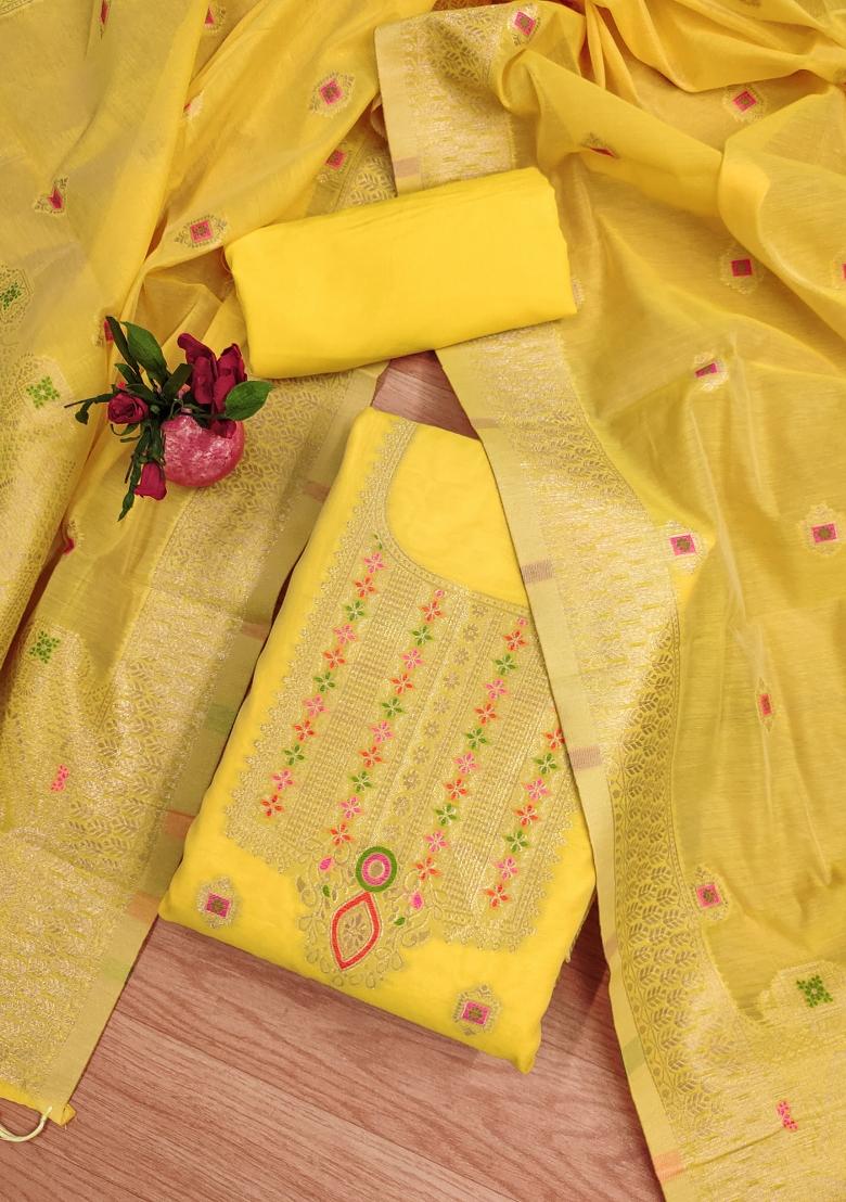 Yellow Motif Silk Kurta Set - Indya