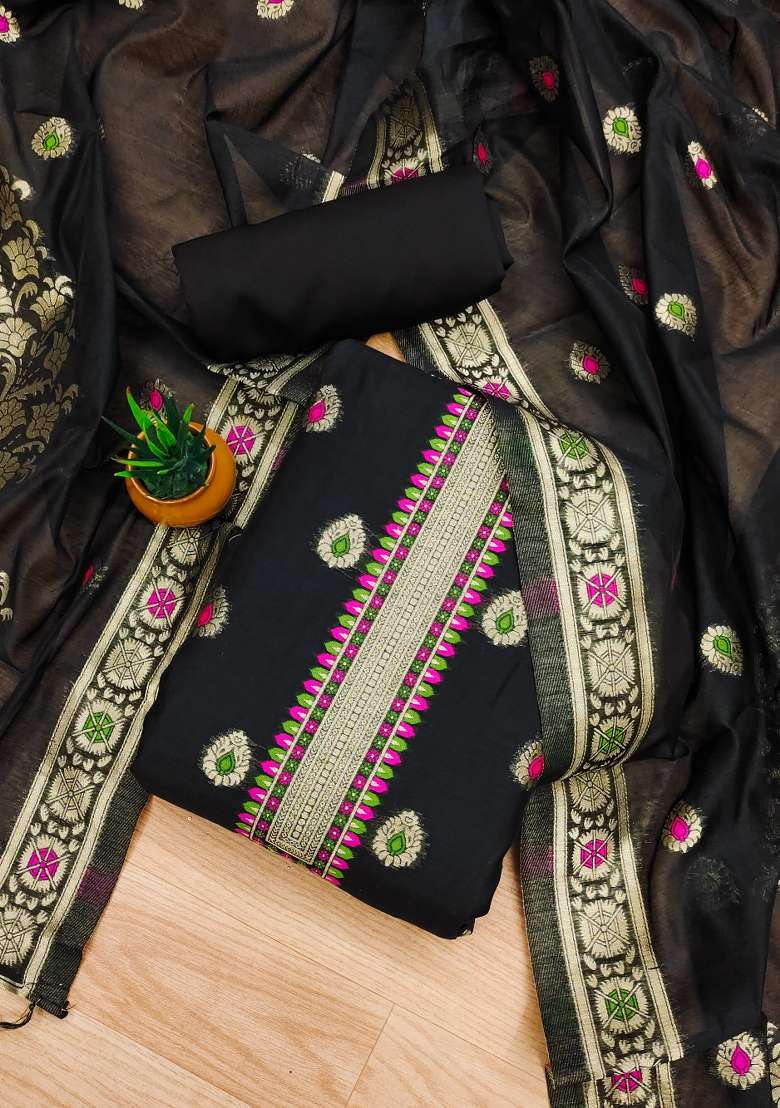 Black Thread Work Silk Blend Straight Kurta Set - Indya