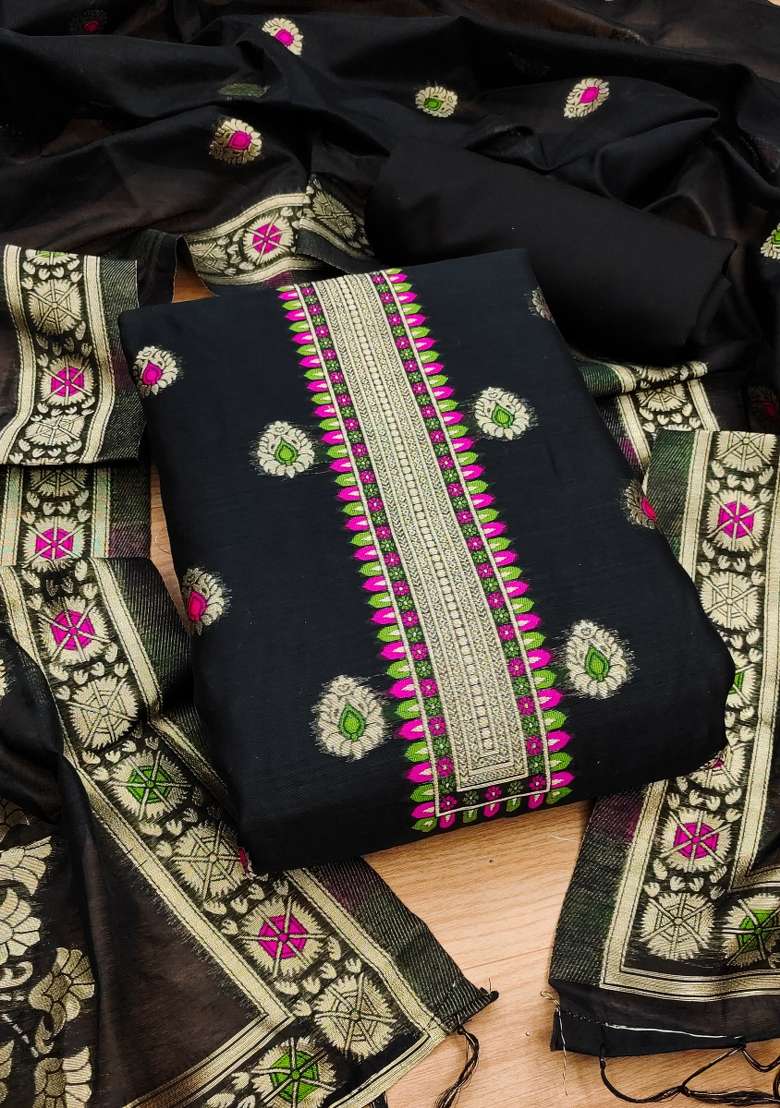 Black Thread Work Silk Blend Straight Kurta Set - Indya