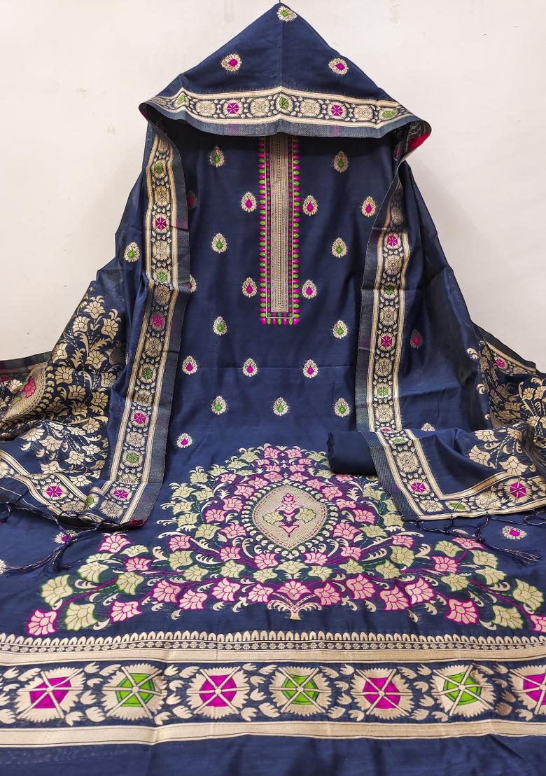 Navy Blue Motif Silk Kurta Set - Indya