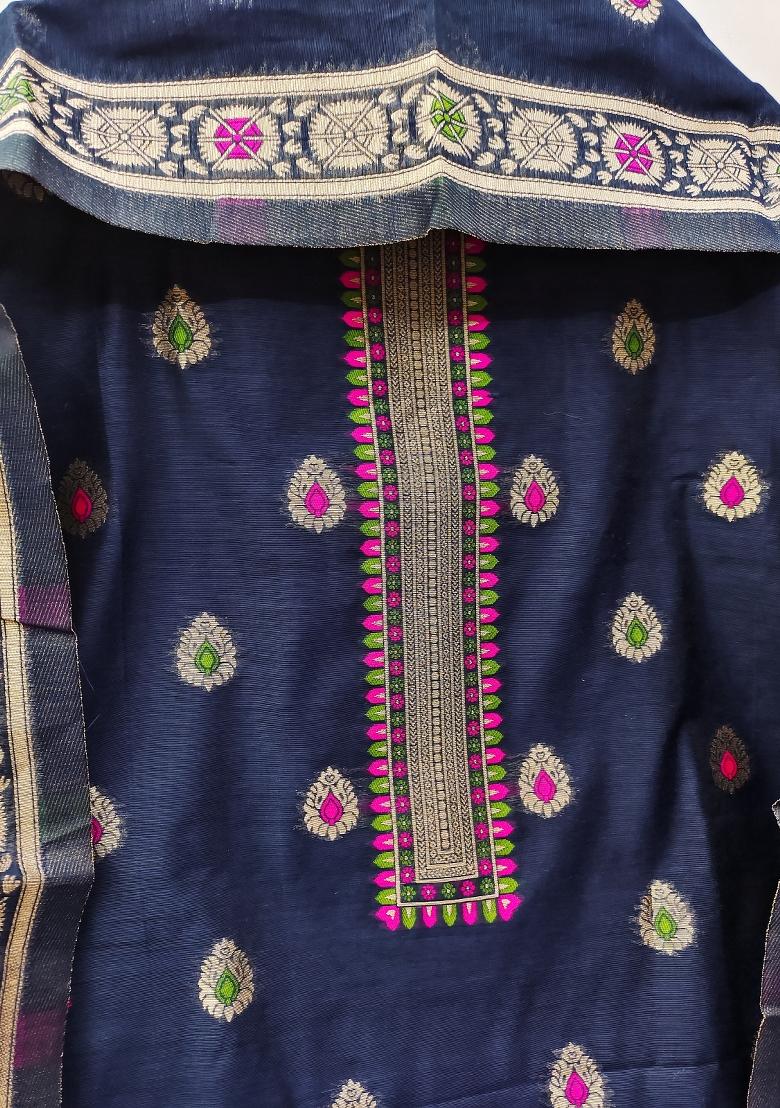 Navy Blue Motif Silk Kurta Set - Indya