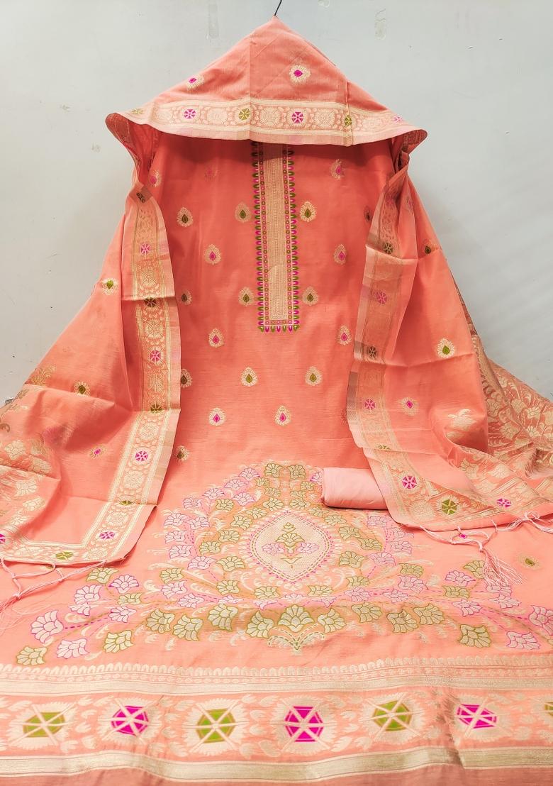 Peach Motif Silk Kurta Set - Indya