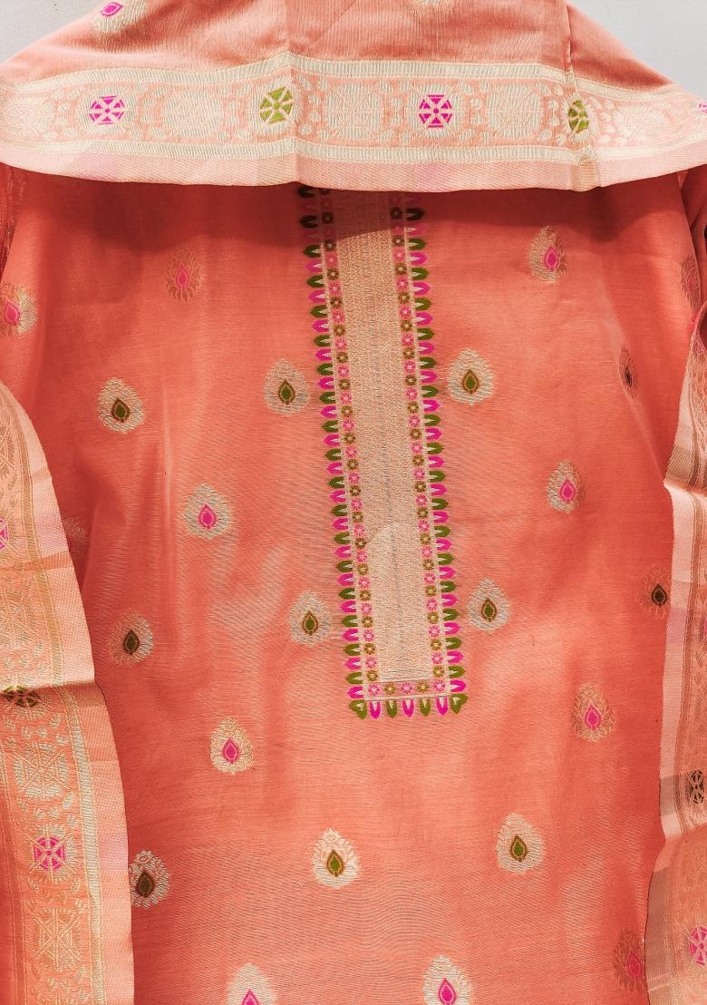Peach Motif Silk Kurta Set - Indya