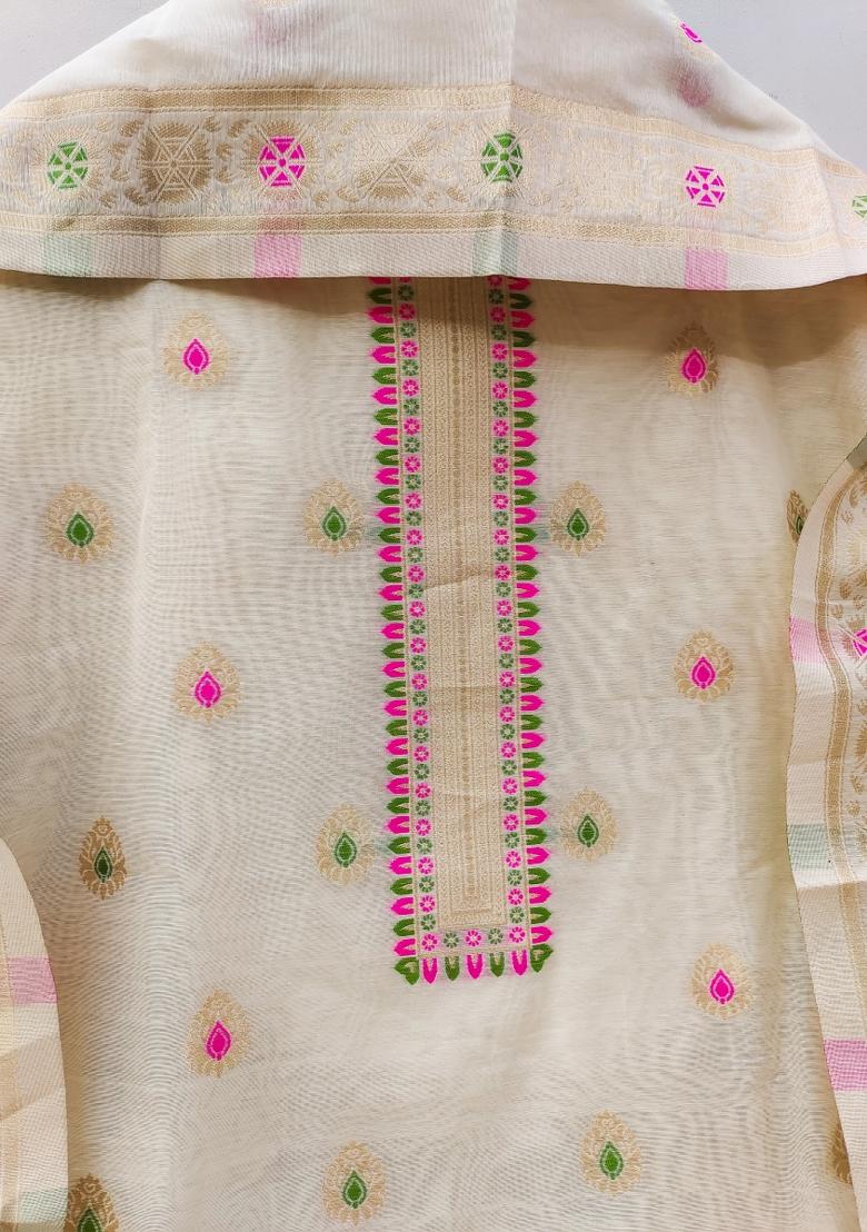 White Motif Silk Kurta Set - Indya