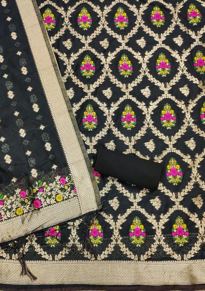 Black Motif Silk Kurta Set - Indya