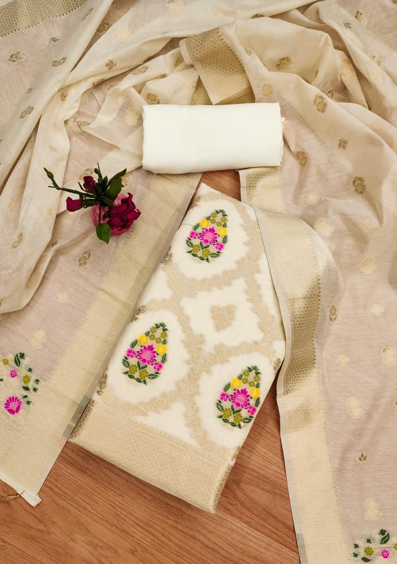 White Motif Silk Kurta Set - Indya