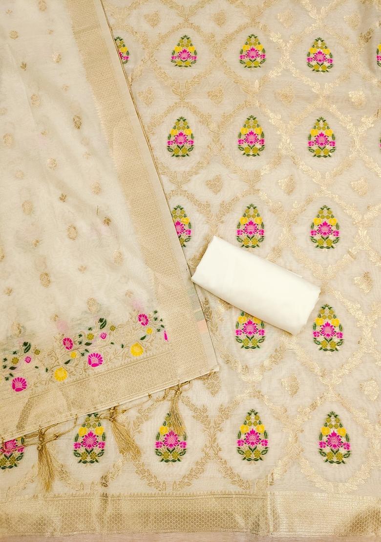 White Motif Silk Kurta Set - Indya